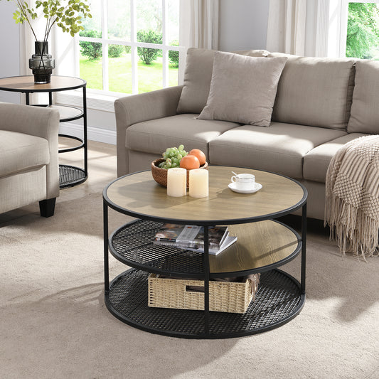 Industrial Round Coffee Table 3 Tiers Coffee Tables with Wood Grainand Mesh Shelf-Hausfame