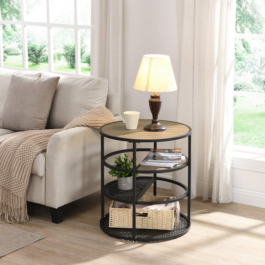 Round End Table, 4 Tier Rustic Side Table, Wood Grain, Mesh Shelf Top-Hausfame
