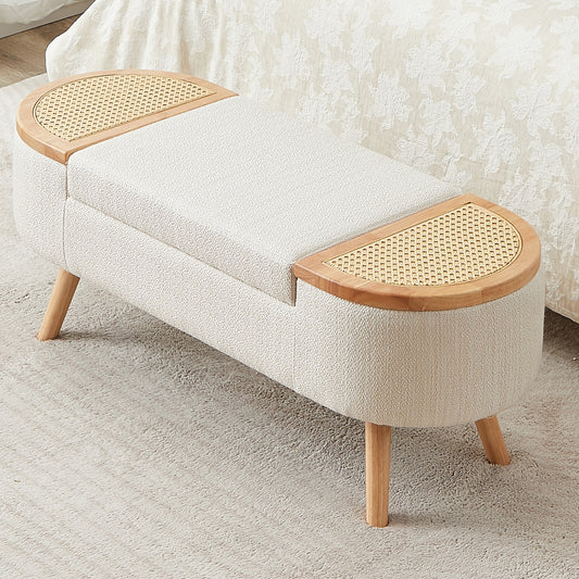 Upholstered Bedroom Storage Bench with Rattan-Hausfame