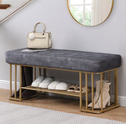 Velvet Upholstered Storage Bench with Shelves Entryway Bench with Shoe Storage-Hausfame
