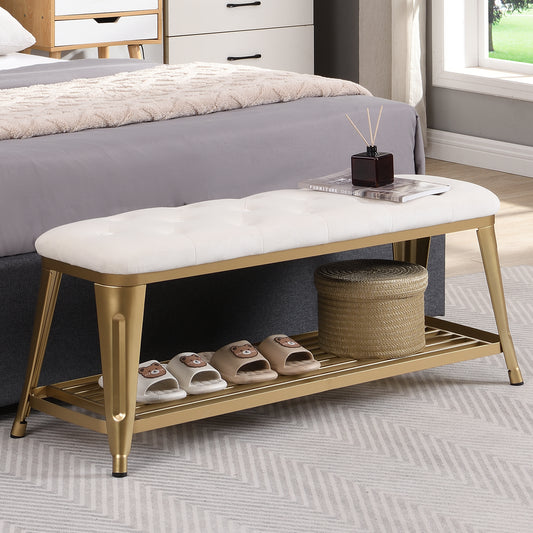 Shoe Storage Bench With Velvet Tufted,Gold Metal Legs-Hausfame