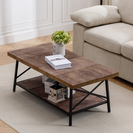 Rectangle Wood Coffee Tables in Metal Shame with Annual Rings-Hausfame