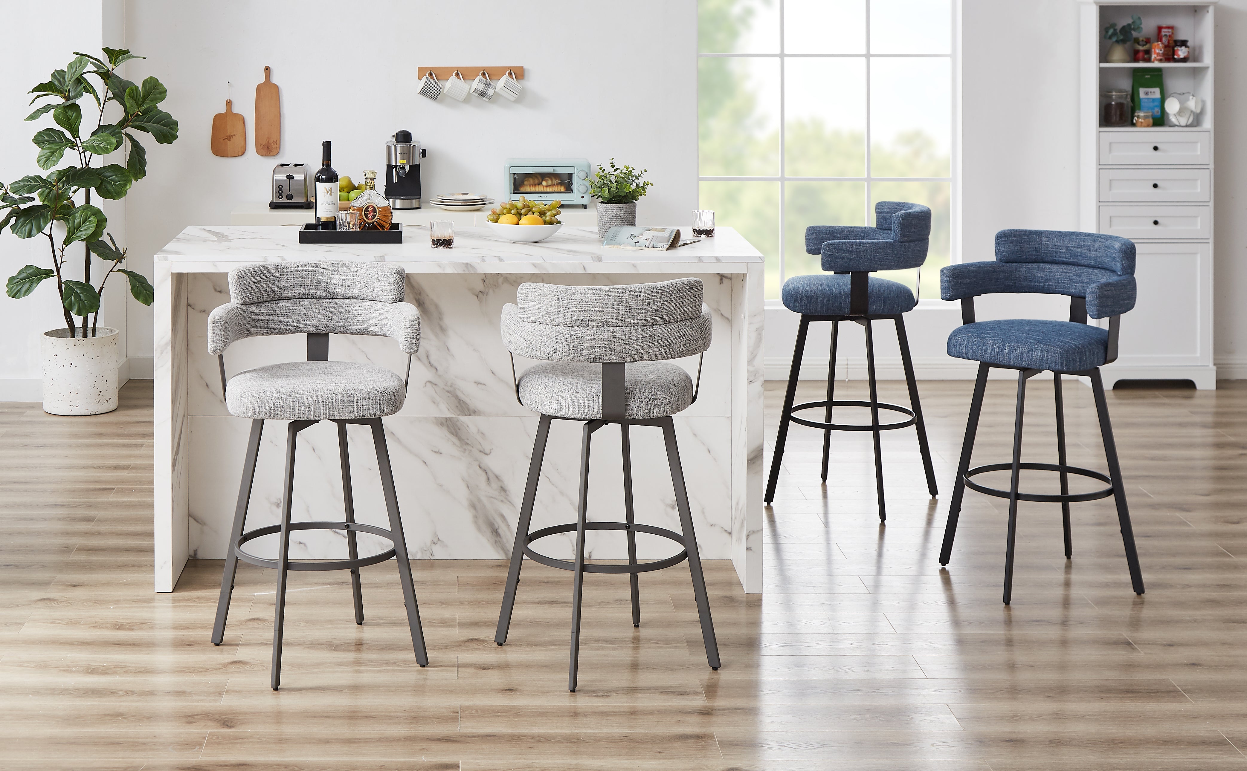 Contemporary Fabric Swivel Bar Stools with High Back and Arms-Hausfame