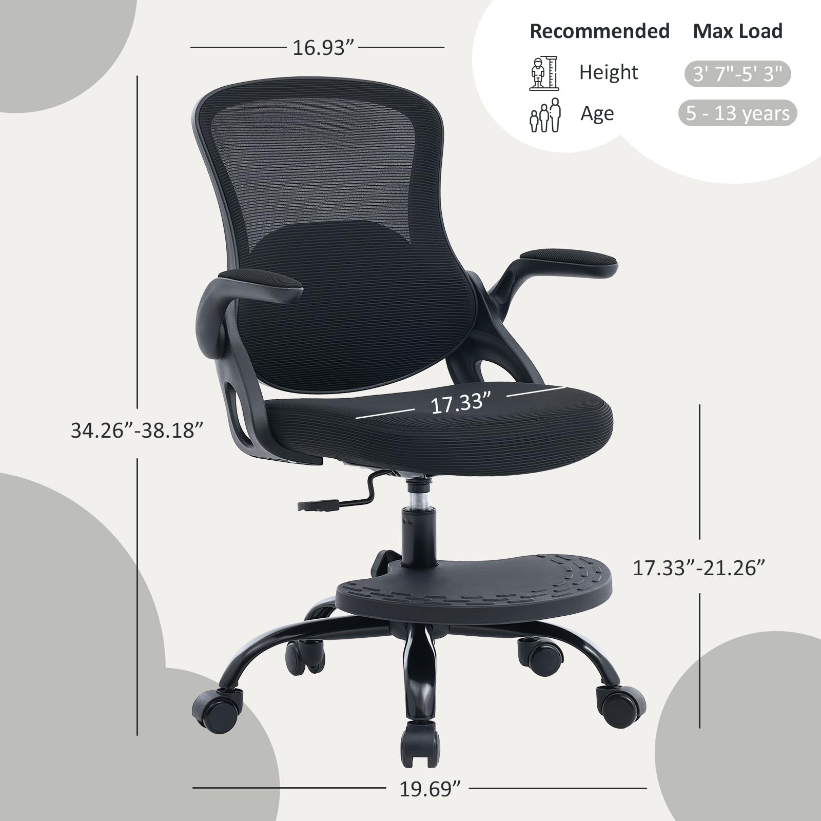 Ergonomic Kids Desk Chair with Adjustable Footrest – Height Adjustable Swivel Mesh Study Chair for Children & Teens