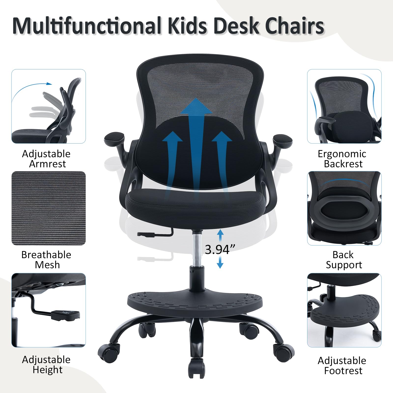 Ergonomic Kids Desk Chair with Adjustable Footrest – Height Adjustable Swivel Mesh Study Chair for Children & Teens