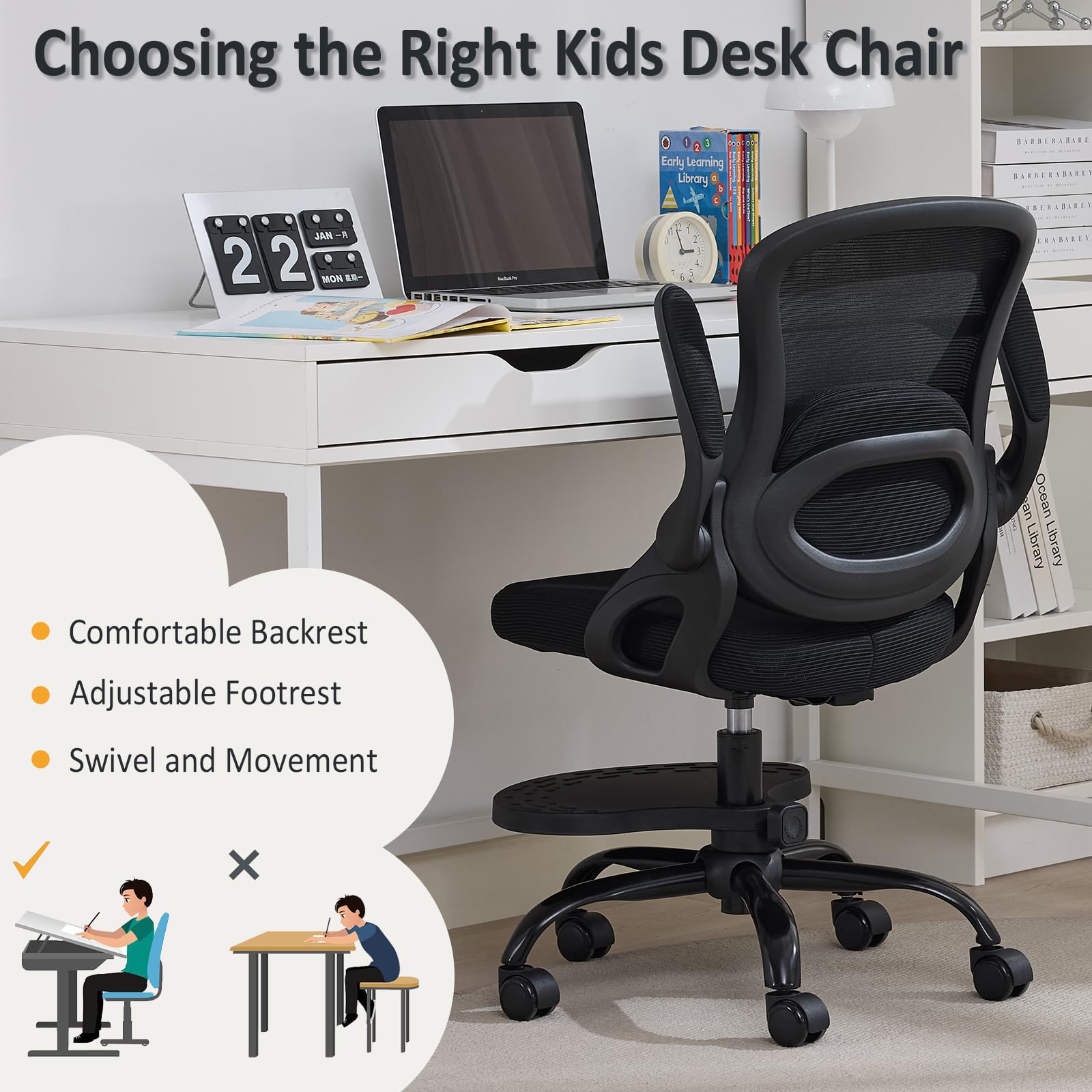 Ergonomic Kids Desk Chair with Adjustable Footrest – Height Adjustable Swivel Mesh Study Chair for Children & Teens